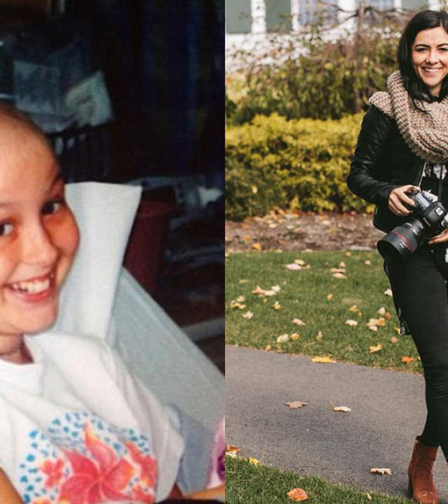 A side-by-side comparison of two photos. The left is of wish alum Emily as a young child undergoing treatment; the right is of Emily in her career as a professional photographer.