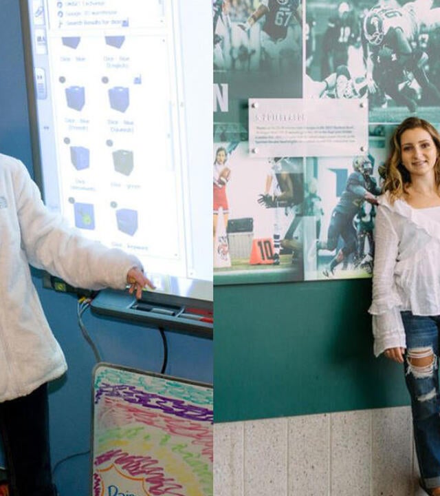 A side-by-side comparison of two photos. The left is of wish alum Paige as a young child during illness; the right is of Paige as a college student.
