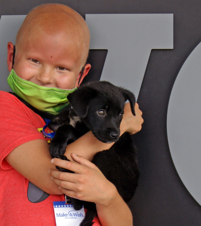 Sawyer hugs his adopted puppy, Sparky