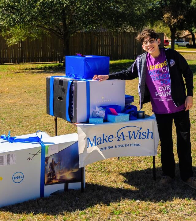 Wish Kid Theoden standing next to his wish gifts.