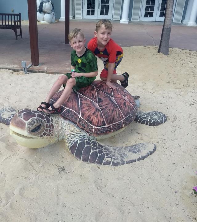 Liam on a turtle statue at the beach