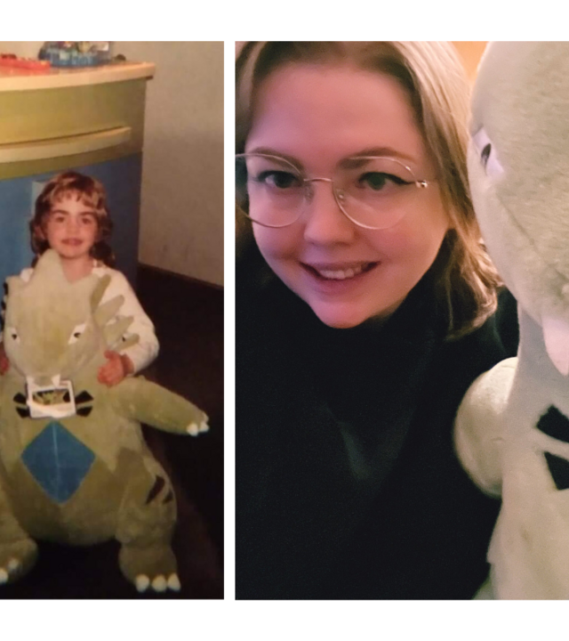 Then and Now - Amelia with her Tyranitar plush during her a wish, and her holding it now as an adult.