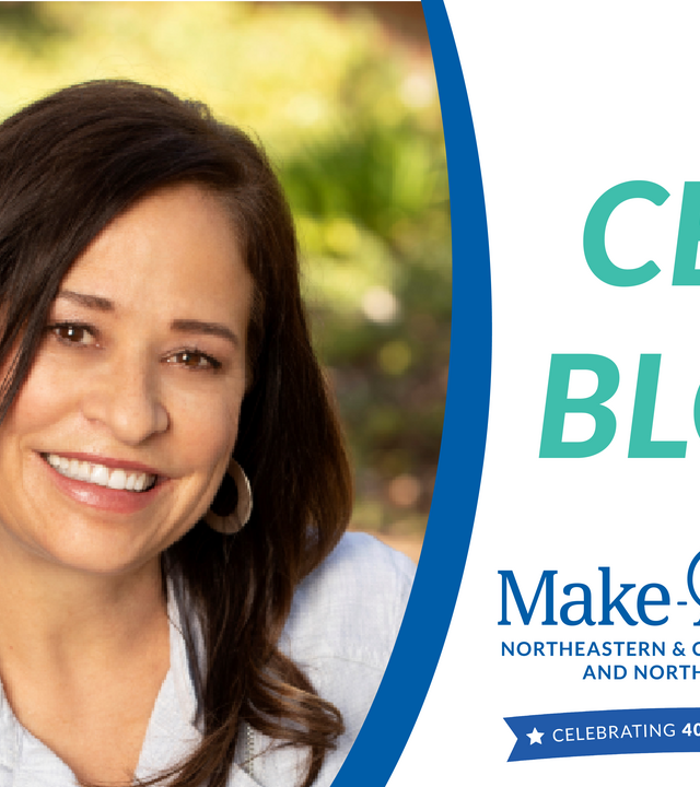 Karen Alvord pictured on left. Text on right says "CEO BLOG" followed by the Make-A-Wish NECANNV celebrating 40 years anniversary chapter logo