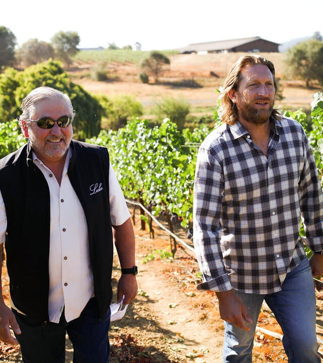 Ken Avery walking through a vinyard