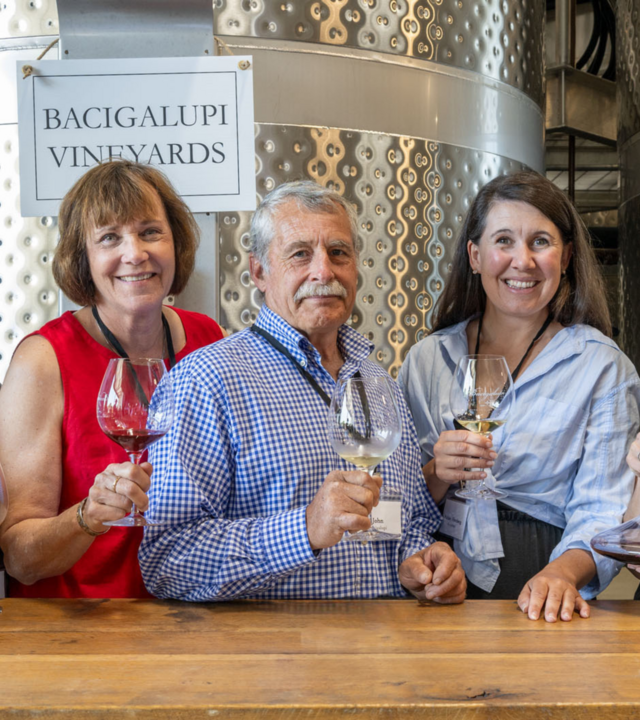 Katey Bacigalupi Row, Pam Bacigalupi, John Bacigalupi, Ashley Herzberg, and Nicole Bacigalupi Dericco at Bacigalupi Vineyards’ Designate Tasting Event in 2023. 