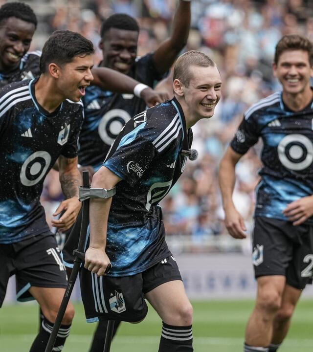 Tommy celebrating the goal he scored with the MN United FC team