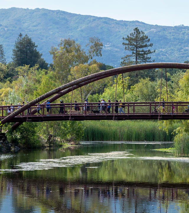 Walkers cross the bridge at Vasona Lake County Park