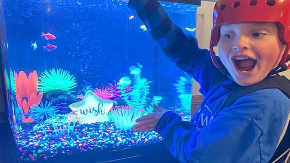 Sheppard smiling at his new fish tank.