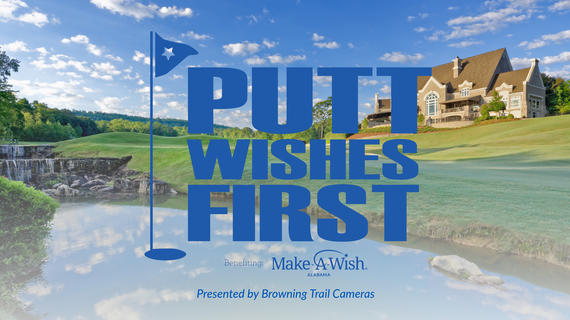 Putt Wishes First logo in front of golf course photo