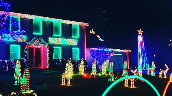 A home decorated with Christmas lights
