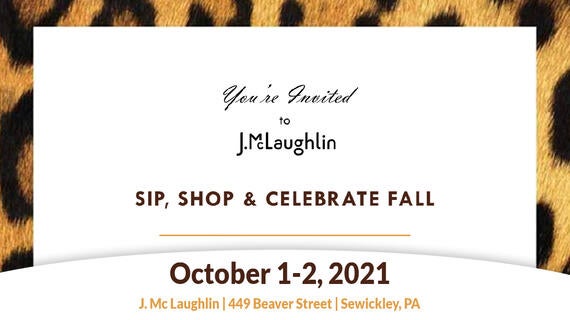 You're invited to J.McLaughlin Sip, Shop & Celebrate Fall on October 1-2, 2021