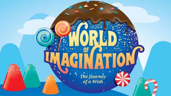 World of Imagination event logo in blue circle with dripping chocolate and sprinkles, surrounded by candy canes and candy. Event streaming online on Oct. 15.
