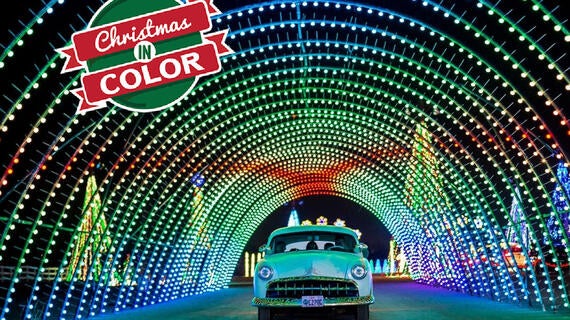 Car driving thru Christmas light show