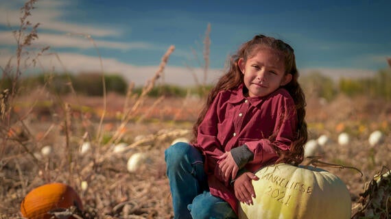 Annie rests on a pumpkin under the warm sun.