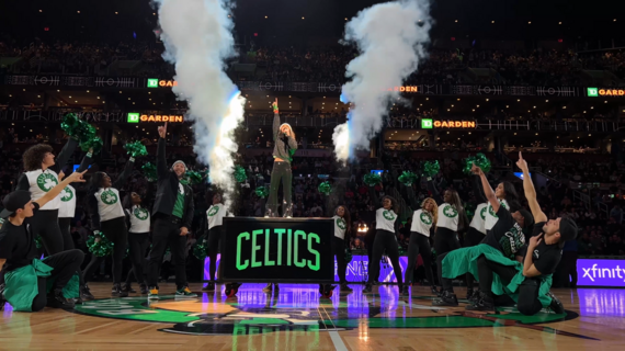 Miraya performing at center court with the Boston Celtics Dancers during halftime at Make-A-Wish Night with the Boston Celtics