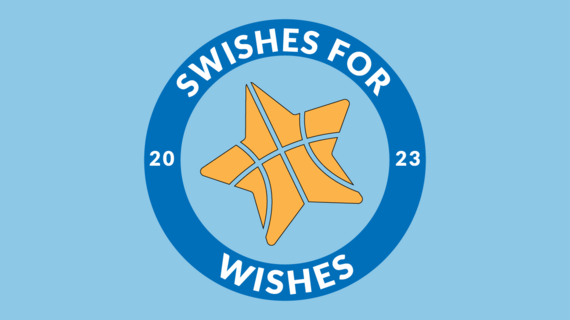 Swishes for Wishes Circle Logo with a star shaped basketball