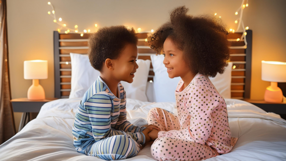 Two Kiddos on a Hotel Bed