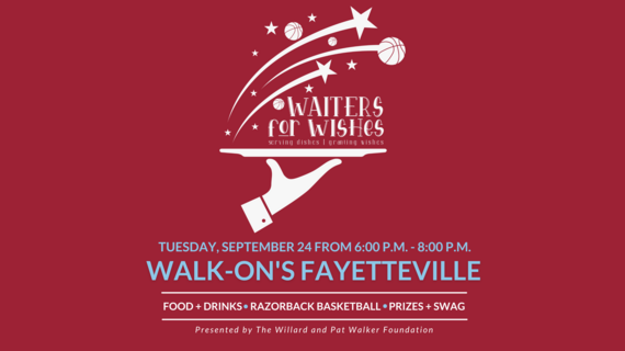 Waiters for wishes event graphic on cardinal red background with Tuesday September 24 date and location