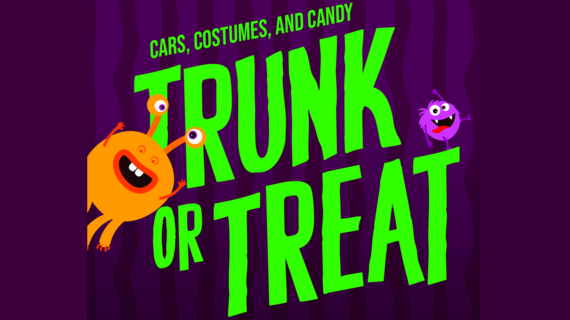 Purple background with green text that says "Trunk or Treat"