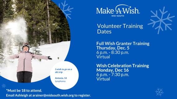 Winter wish granting training graphic with dates featuring wish kid Antonia 