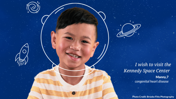 young child smiling at the camera with a space helmet drawn on, and planets flying around his head. Text on image says: I wish to go to the Kennedy Space Center, Manny, 7, congenital heart condition