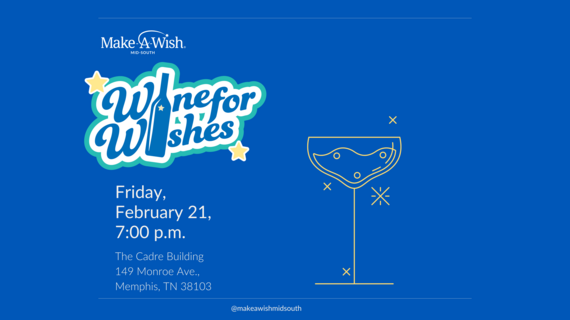 Wine for Wishes website banner on blue background with event details