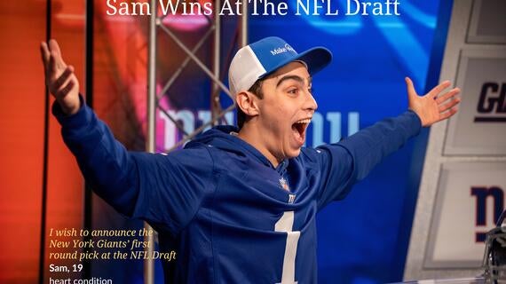 Sam's wish to announce the New York Giants' first draft pick at the NFL Draft