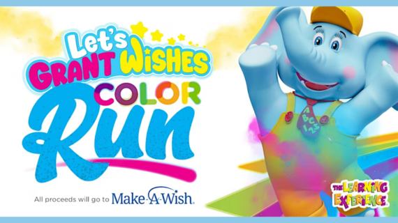 Graphic with The Learning Experience Elephant with text - Let's Grant Wishes Color Run