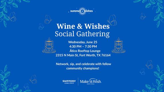 blue background with information for Wine and Wishes Fort Worth event