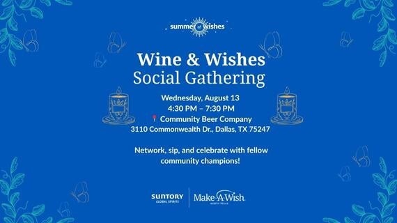 blue background with summer illustrations and Wine & Wishes Dallas event information