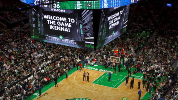TD Garden Jumbotron message welcoming wish kid Ikenna to the Boston Celtics Christmas Day game
