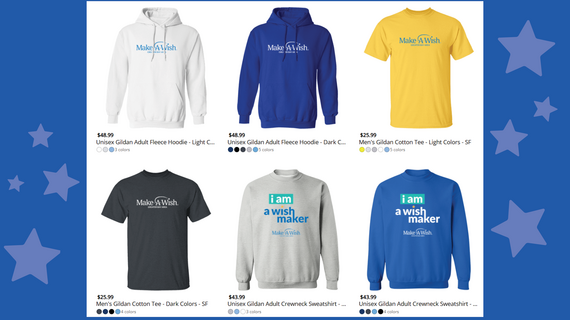 Sweatshirts and t-shirts with Make-A-Wish Greater Bay Area logo displayed in an online storefront