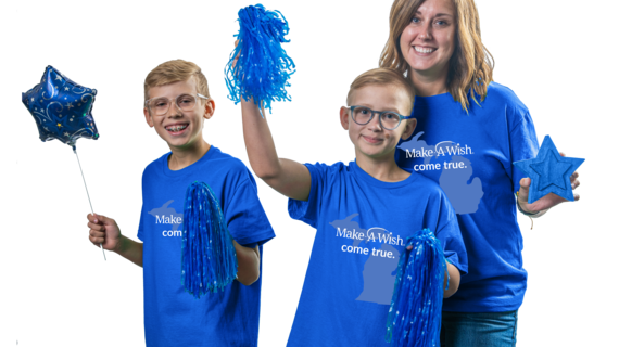 wish mom and two sons wearing the same Make-A-Wish donation shirt smiling together