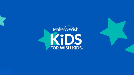 Kids for wish kids logo over a blue backdrop with teal stars scattered across the image