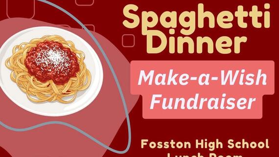 Spaghetti Dinner flyer with a red background and a plate of spaghetti
