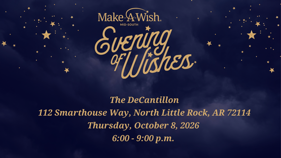 Evening of Wishes digital banner with information on blue background. Thursday, October 8, 2026 from 6-9