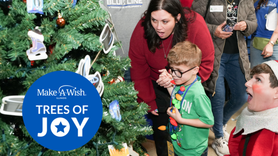 Trees of Joy - holiday theme with smiling child, mom and elf