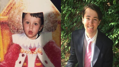 A side-by-side comparison of two photos. The left is of wish alum Dan as a young child; the right is of Dan as a recent college graduate.