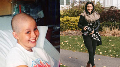 A side-by-side comparison of two photos. The left is of wish alum Emily as a young child undergoing treatment; the right is of Emily in her career as a professional photographer.