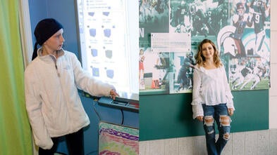 A side-by-side comparison of two photos. The left is of wish alum Paige as a young child during illness; the right is of Paige as a college student.