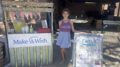 Emily hosted a lemonade stand and garage sale to raise money for wish kids. 