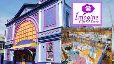 Photo of the Imagine Gift Store exterior, painted purple and gold, along with a photo of the interior of the store, full of merchandise.