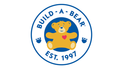 Build-A-Bear logo, bear with heart in blue circle. Text: Build-A-Bear, Est. 1997.