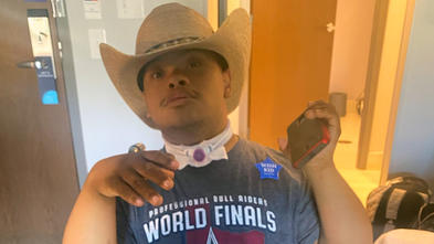 Wish kid Osvaldo could not wait to see the professional bull riders on his wish!