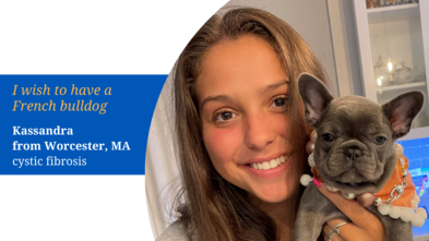 Kassandra holds her new French bulldog puppy that she received for her wish