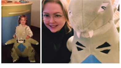 Then and Now - Amelia with her Tyranitar plush during her a wish, and her holding it now as an adult. 
