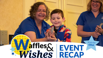 An event recap of our 2023 Waffles & Wishes, Elliot holds and a zoo handler holds a baby alligator. 