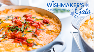 Wishmaker's Gala logo featuring orange and red toned food in a white serving dish