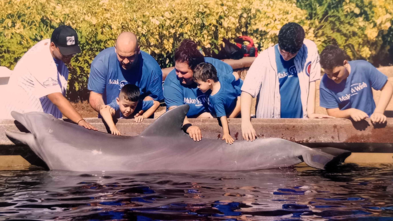 JonPaul and family petting a dolphin