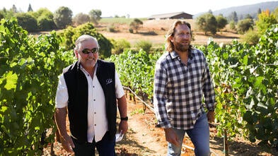 Ken Avery walking through a vinyard